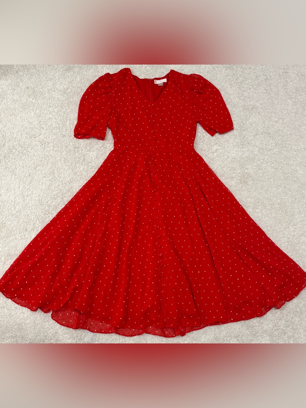 Rachel Parcell Red Polka Dot Midi Dress with Puff Sleeves and V-Neck - Picture 2 of 9